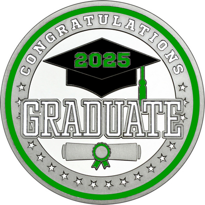 White "Congratulations Graduate" with Green 2025, Rim, Tassel & Ribbon